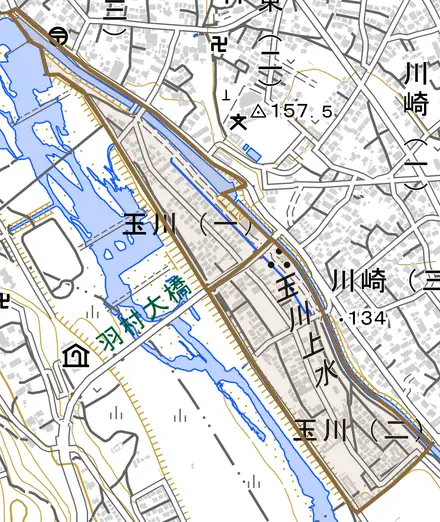 玉川とその周辺の地図。町の範囲を重ねている