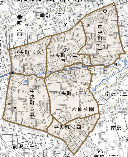 中央町とその周辺の地図。町の範囲を重ねている