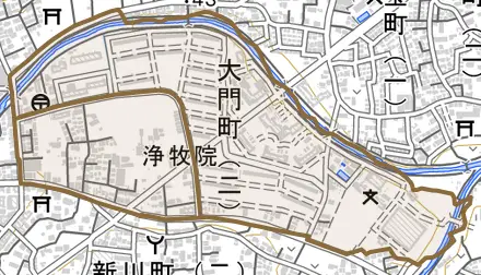 大門町とその周辺の地図。町の範囲を重ねている