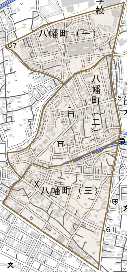 八幡町とその周辺の地図。町の範囲を重ねている