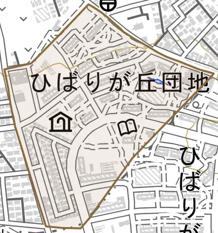 ひばりが丘団地とその周辺の地図。町の範囲を重ねている