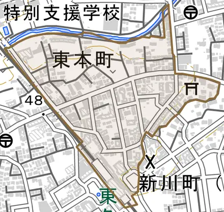 東本町とその周辺の地図。町の範囲を重ねている