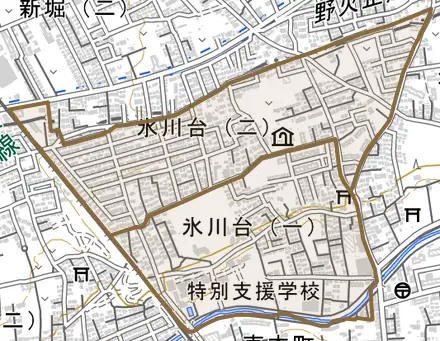 氷川台とその周辺の地図。町の範囲を重ねている