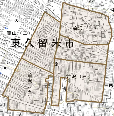 前沢とその周辺の地図。町の範囲を重ねている