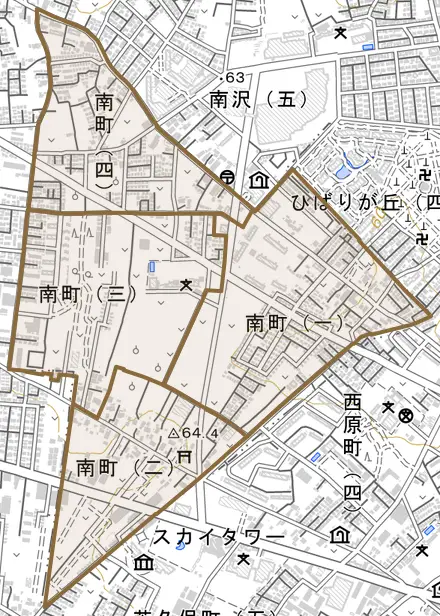 南町とその周辺の地図。町の範囲を重ねている