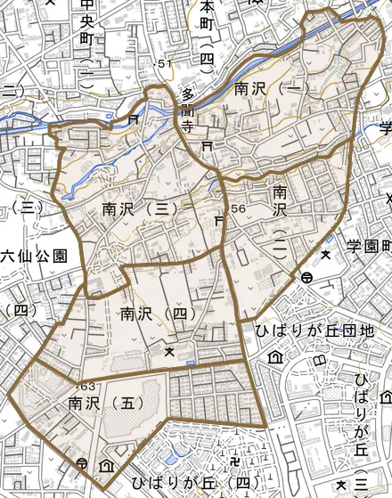 南沢とその周辺の地図。町の範囲を重ねている