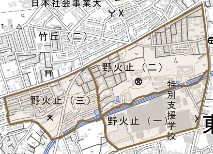 野火止とその周辺の地図。町の範囲を重ねている