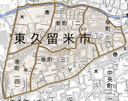幸町とその周辺の地図。町の範囲を重ねている