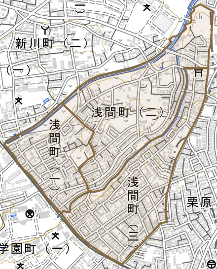 浅間町とその周辺の地図。町の範囲を重ねている