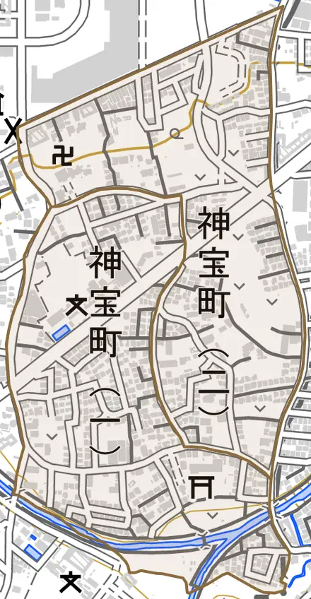 神宝町とその周辺の地図。町の範囲を重ねている