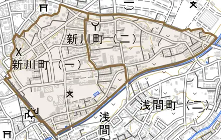 新川町とその周辺の地図。町の範囲を重ねている