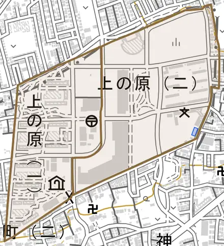 上の原とその周辺の地図。町の範囲を重ねている