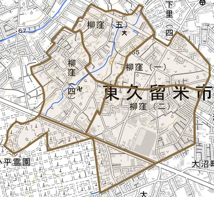 柳窪とその周辺の地図。町の範囲を重ねている