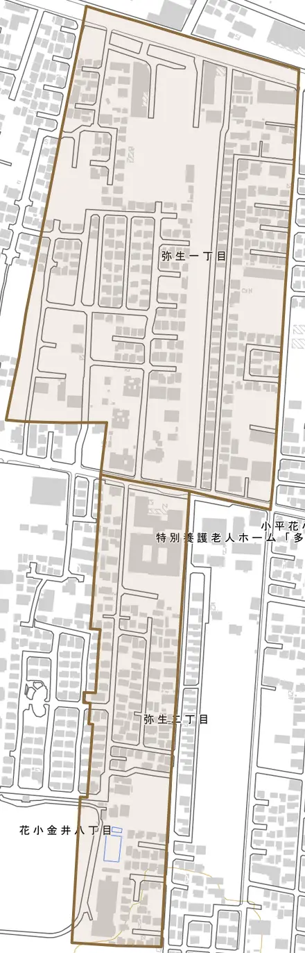 弥生とその周辺の地図。町の範囲を重ねている