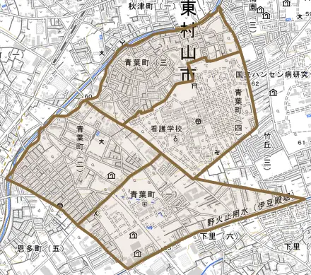青葉町とその周辺の地図。町の範囲を重ねている
