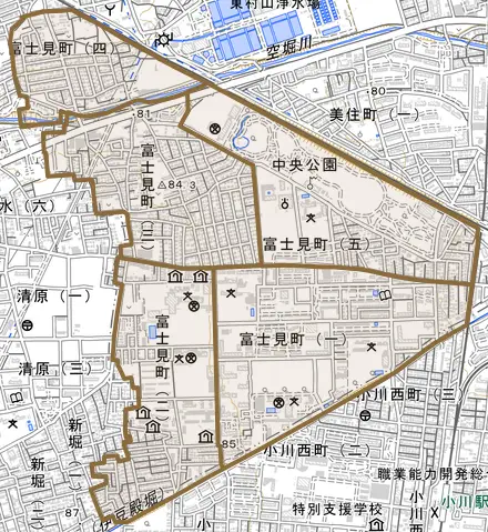 富士見町とその周辺の地図。町の範囲を重ねている