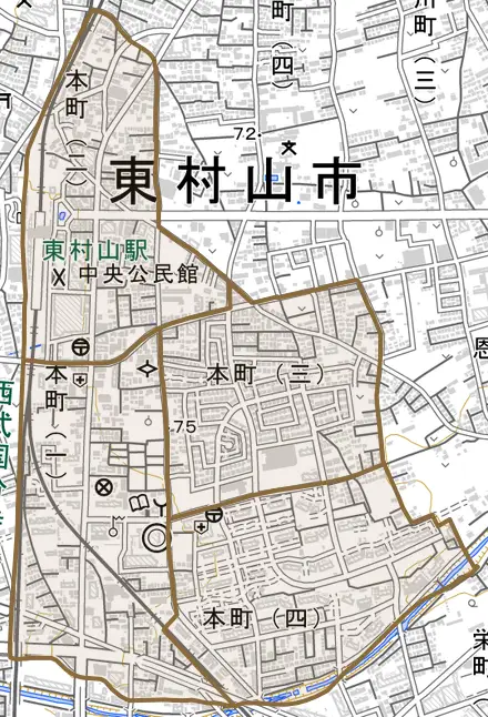 本町とその周辺の地図。町の範囲を重ねている