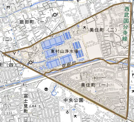 美住町とその周辺の地図。町の範囲を重ねている