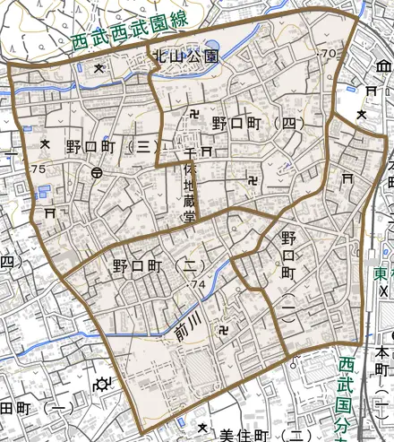 野口町とその周辺の地図。町の範囲を重ねている