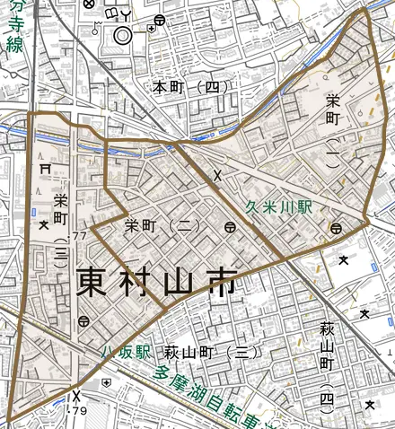 栄町とその周辺の地図。町の範囲を重ねている