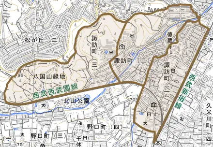 諏訪町とその周辺の地図。町の範囲を重ねている