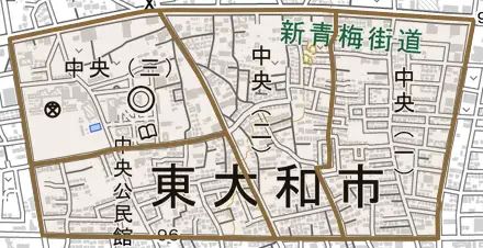 中央とその周辺の地図。町の範囲を重ねている