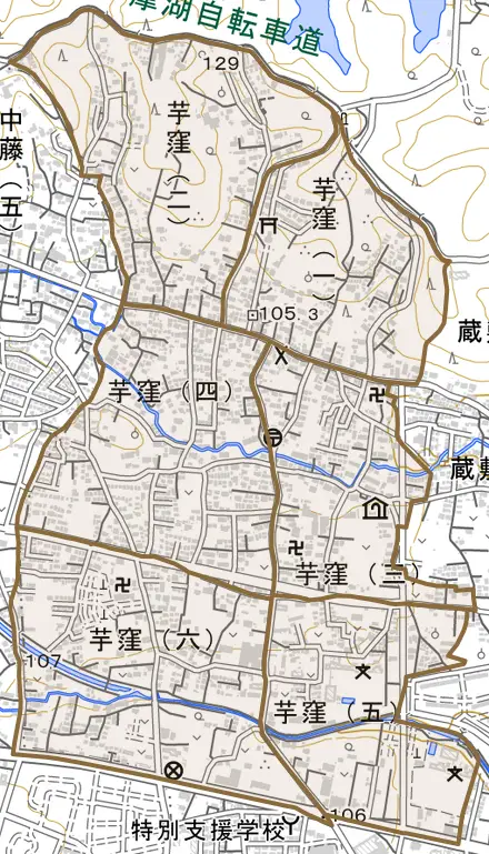 芋窪とその周辺の地図。町の範囲を重ねている