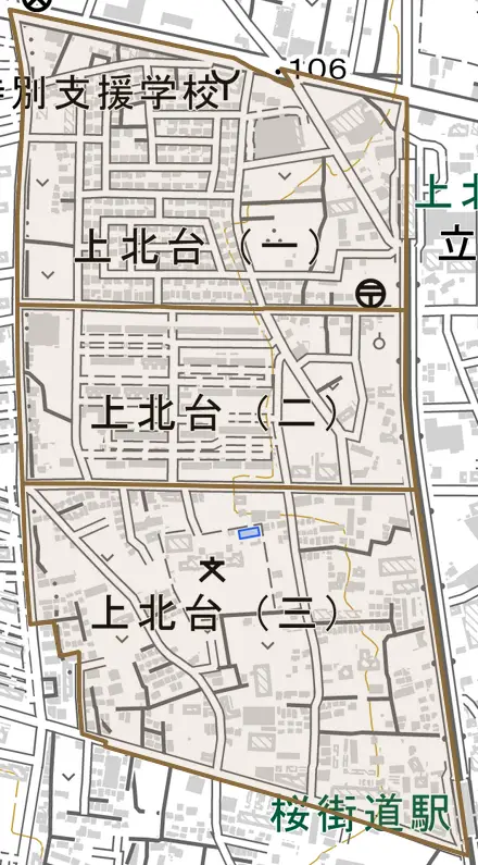 上北台とその周辺の地図。町の範囲を重ねている