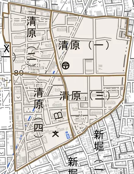 清原とその周辺の地図。町の範囲を重ねている