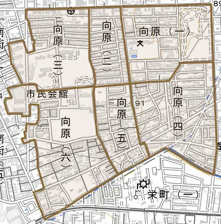 向原とその周辺の地図。町の範囲を重ねている