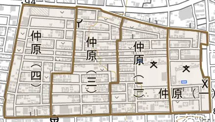 仲原とその周辺の地図。町の範囲を重ねている