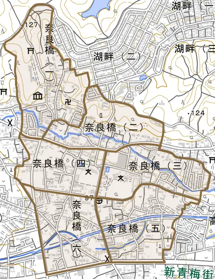 奈良橋とその周辺の地図。町の範囲を重ねている