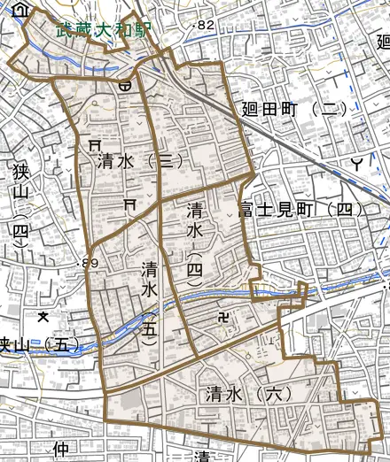 清水とその周辺の地図。町の範囲を重ねている