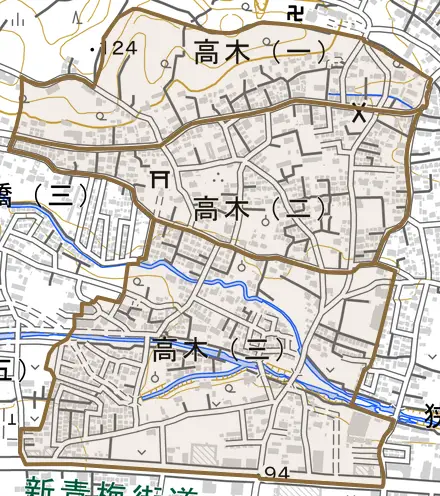 高木とその周辺の地図。町の範囲を重ねている