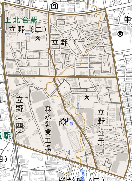 立野とその周辺の地図。町の範囲を重ねている