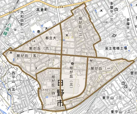 旭が丘とその周辺の地図。町の範囲を重ねている