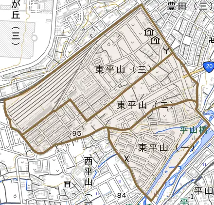東平山とその周辺の地図。町の範囲を重ねている