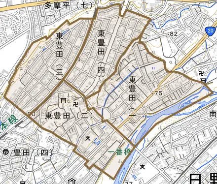 東豊田とその周辺の地図。町の範囲を重ねている