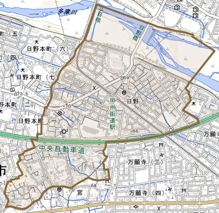 大字日野とその周辺の地図。町の範囲を重ねている