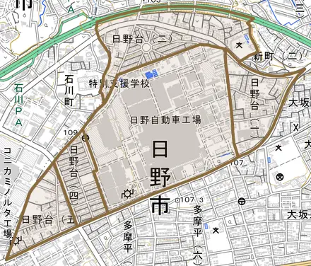 日野台とその周辺の地図。町の範囲を重ねている