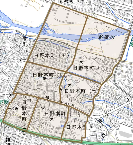日野本町とその周辺の地図。町の範囲を重ねている