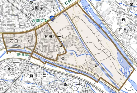 石田とその周辺の地図。町の範囲を重ねている