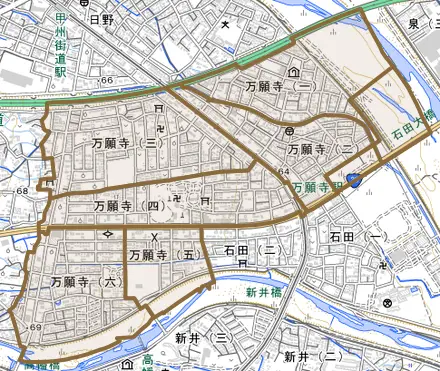 万願寺とその周辺の地図。町の範囲を重ねている