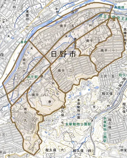 南平とその周辺の地図。町の範囲を重ねている