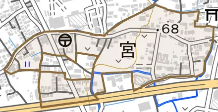 大字宮とその周辺の地図。町の範囲を重ねている