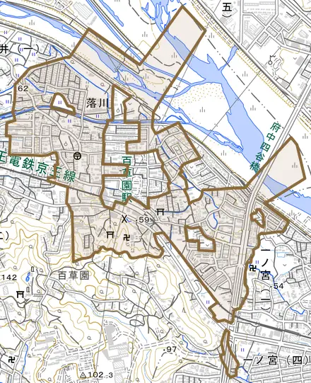 落川とその周辺の地図。町の範囲を重ねている
