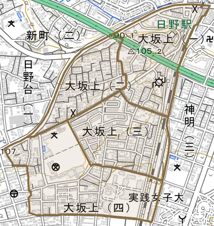 大坂上とその周辺の地図。町の範囲を重ねている