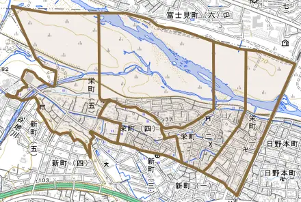 栄町とその周辺の地図。町の範囲を重ねている