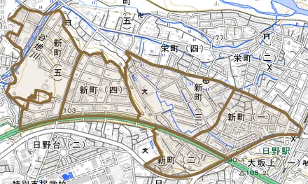 新町とその周辺の地図。町の範囲を重ねている