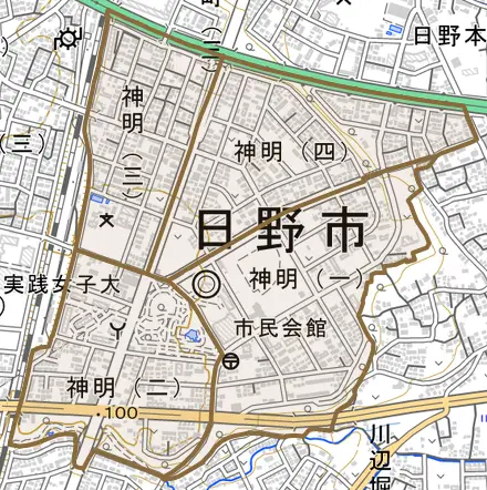 神明とその周辺の地図。町の範囲を重ねている